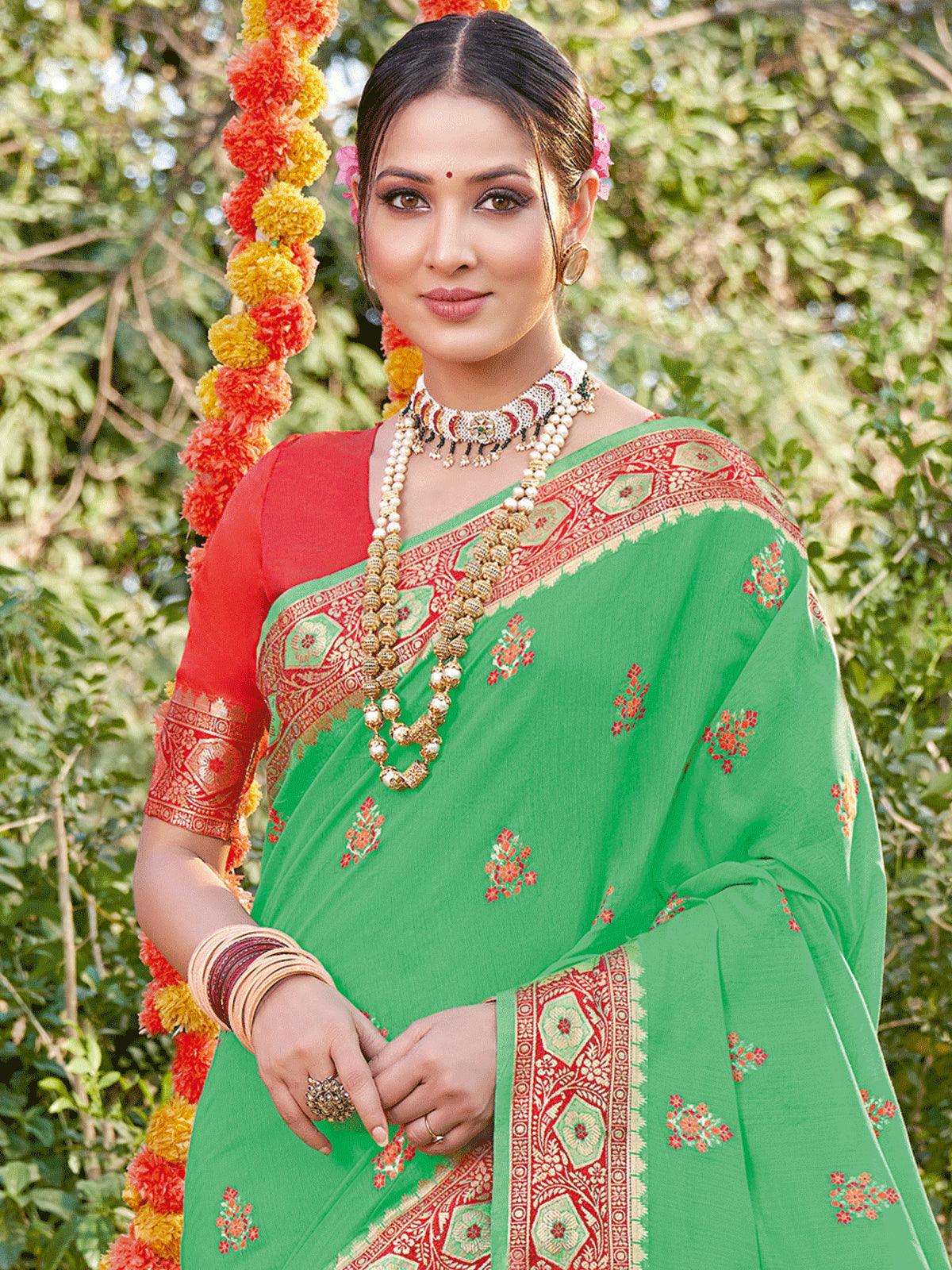 Green Cotton Woven Design Saree With Blouse Piece - Odette