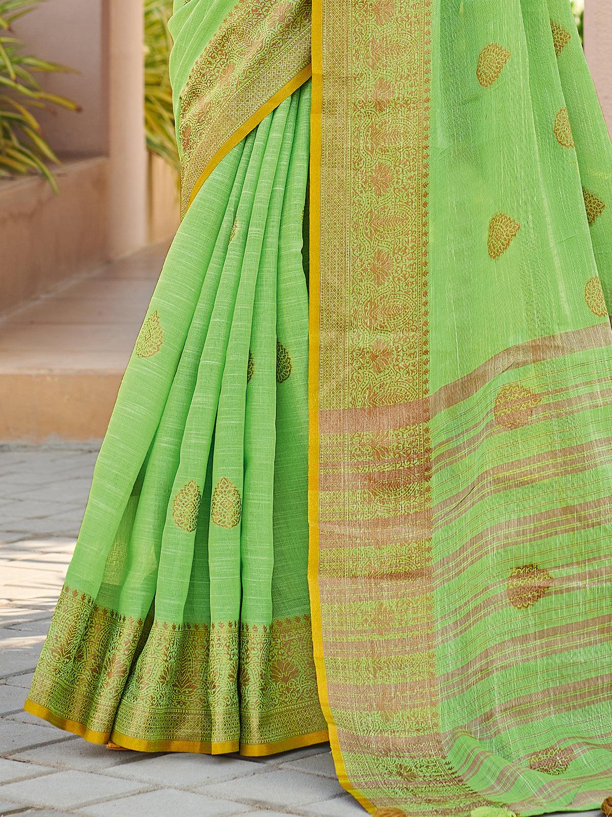 Green Cotton Woven Design Saree With Blouse Piece - Odette