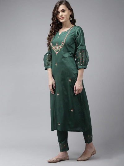 Green Embroidered Straight Kurta Trouser With Dupatta Set - Odette