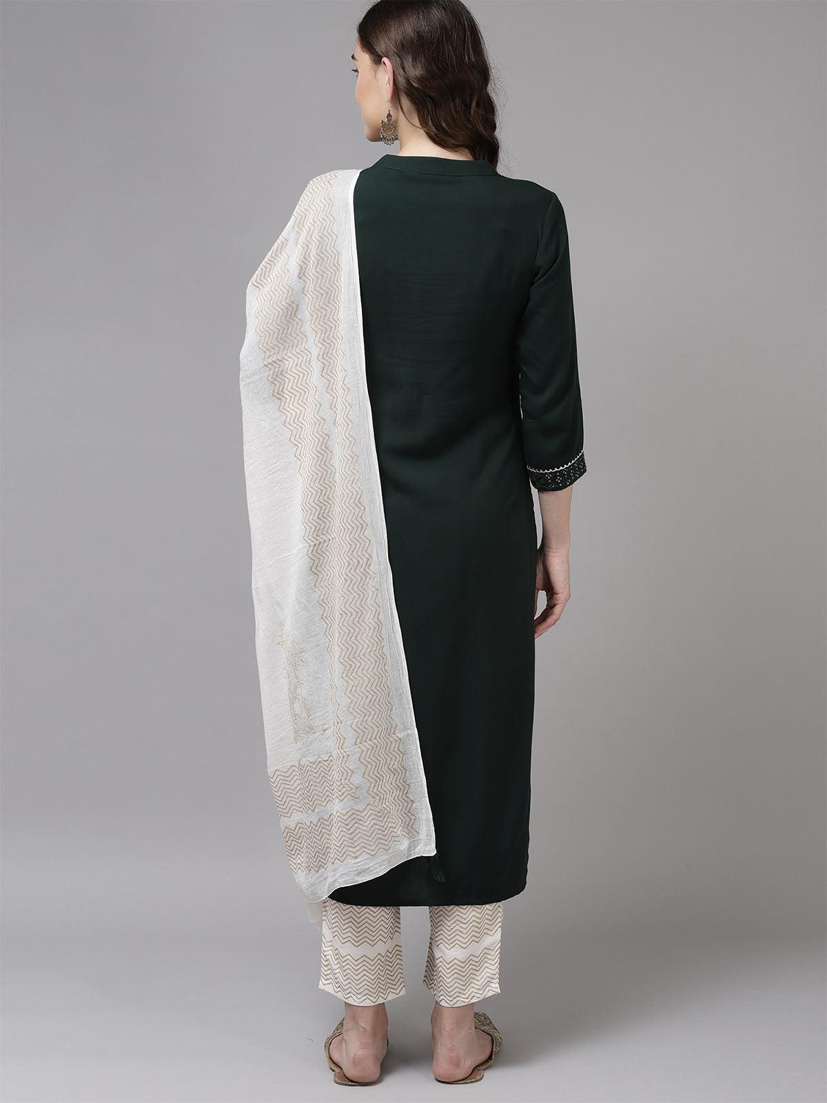 Green Embroidered Straight Kurta Trouser With Dupatta Set - Odette