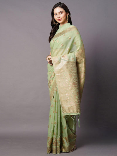 Green Festive Cotton silk Woven Design Saree With Unstitched Blouse - Odette