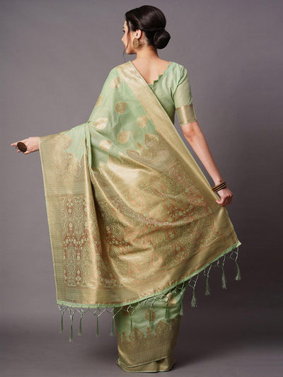 Green Festive Cotton silk Woven Design Saree With Unstitched Blouse - Odette