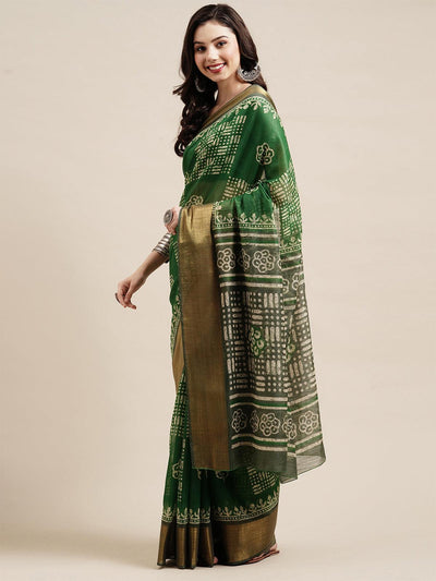 Green Festive Semi Linen Printed Saree With Unstitched Blouse - Odette