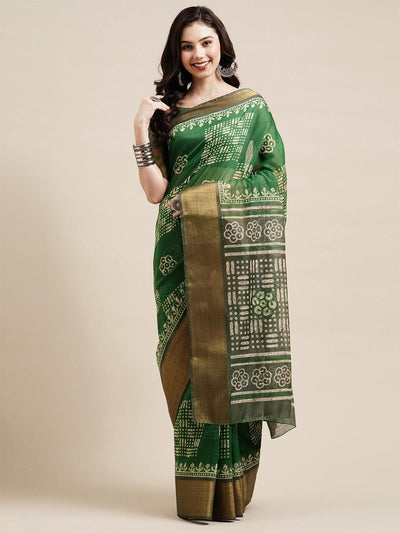 Green Festive Semi Linen Printed Saree With Unstitched Blouse - Odette