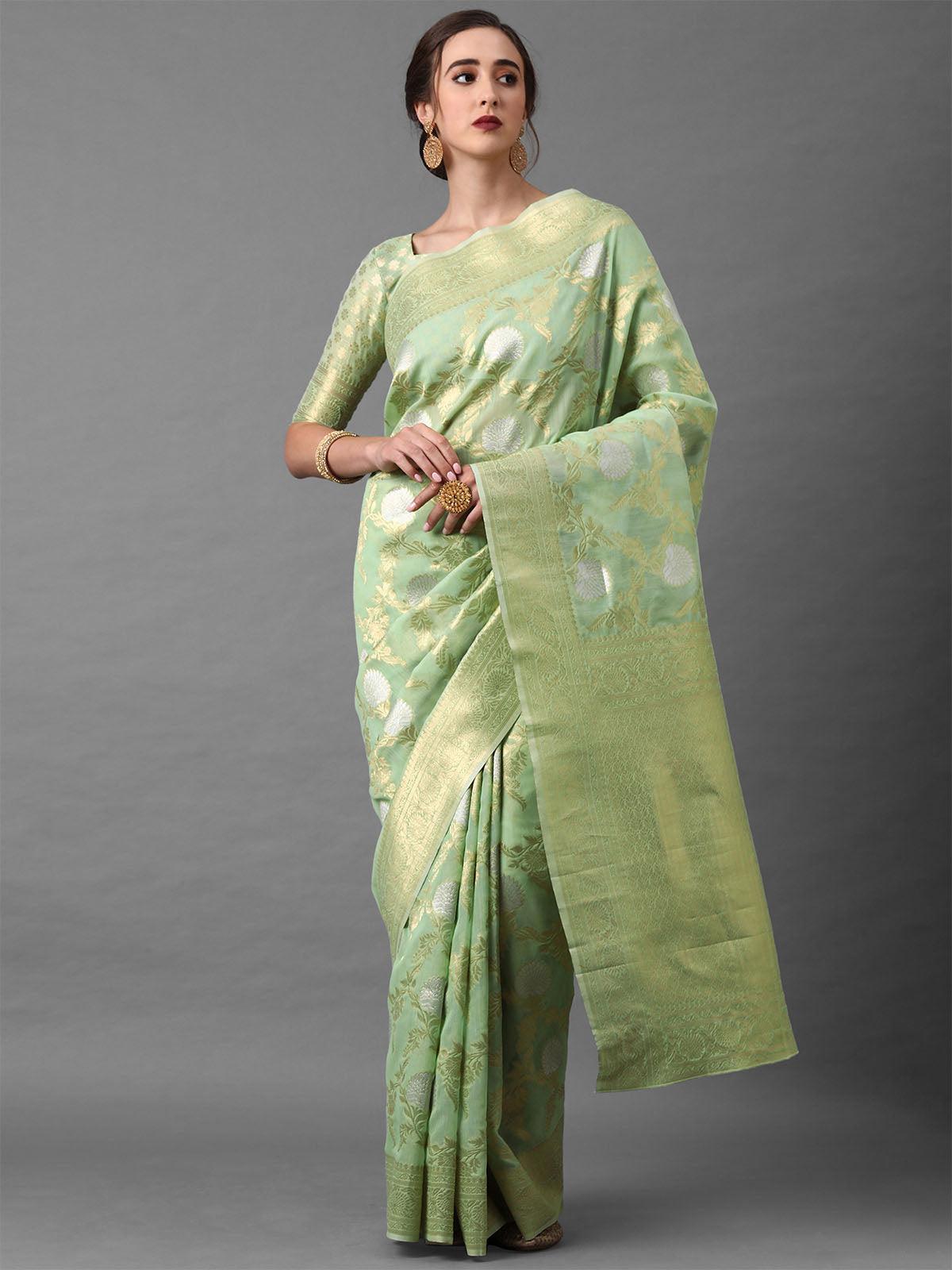 Green Festive Silk Blend Banarsi Saree With Unstitched Blouse - Odette