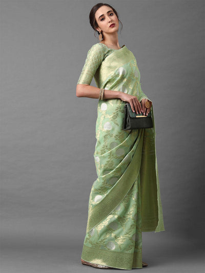 Green Festive Silk Blend Banarsi Saree With Unstitched Blouse - Odette