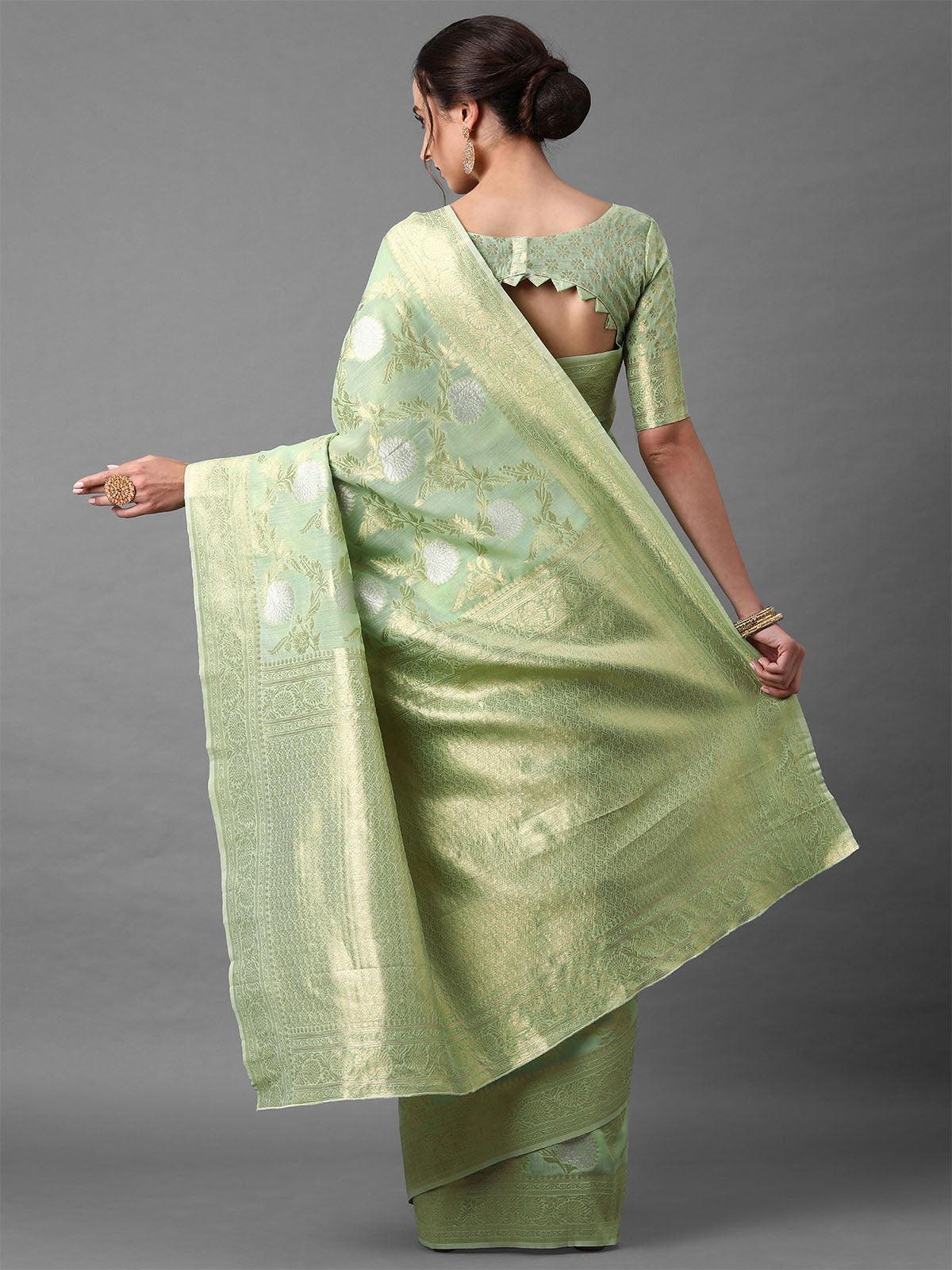 Green Festive Silk Blend Banarsi Saree With Unstitched Blouse - Odette