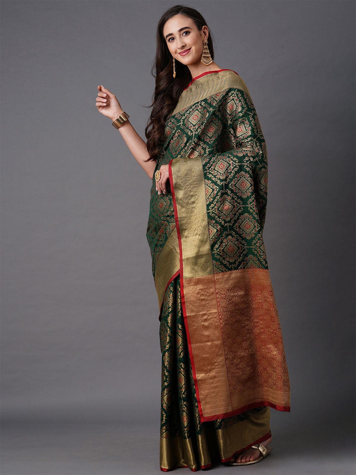 Green Festive Silk Blend Geometric Saree With Unstitched Blouse - Odette