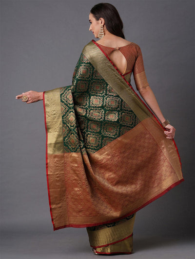 Green Festive Silk Blend Geometric Saree With Unstitched Blouse - Odette
