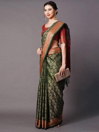 Green Festive Silk Blend Woven Design Saree With Unstitched Blouse - Odette