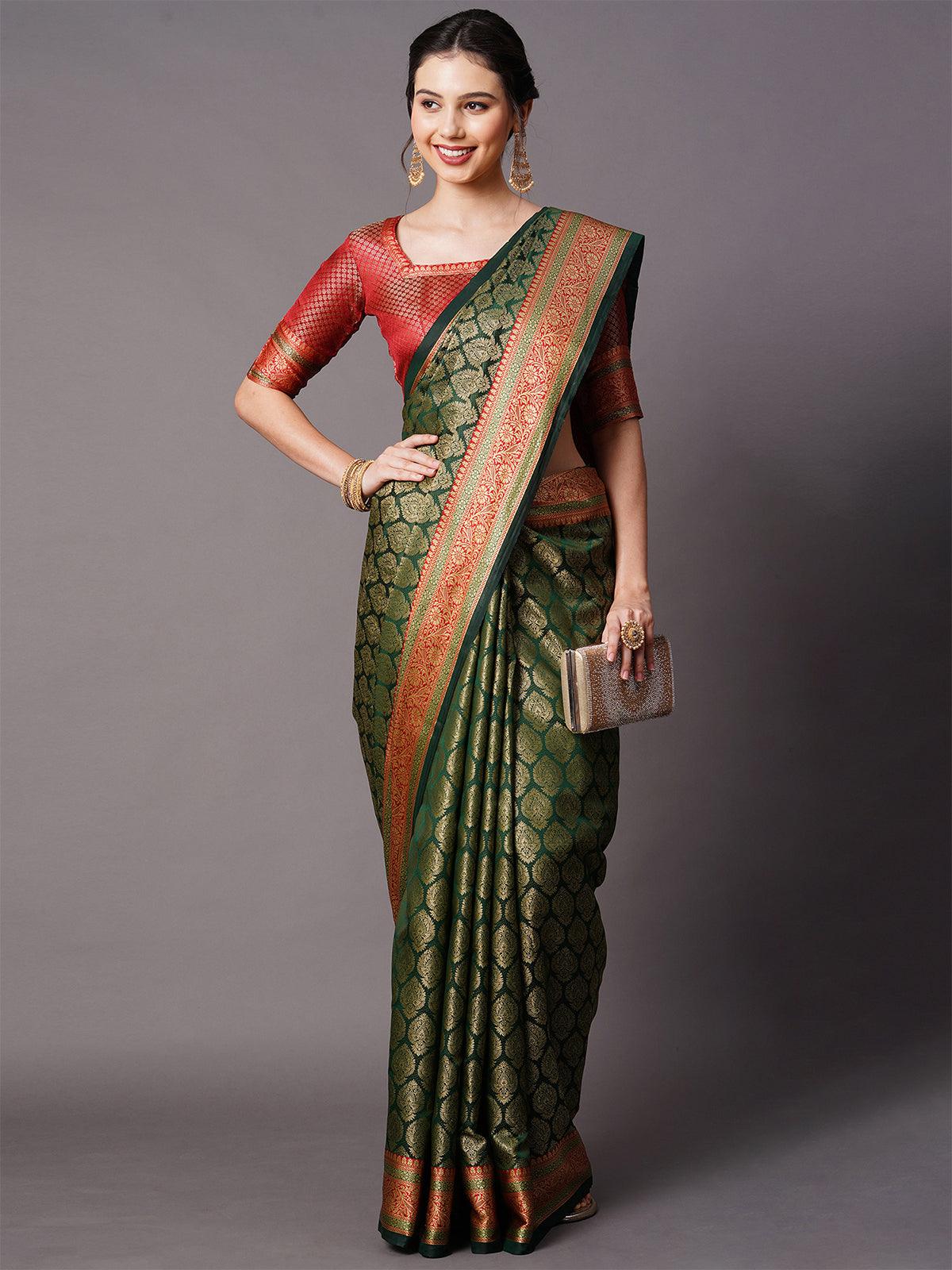 Green Festive Silk Blend Woven Design Saree With Unstitched Blouse - Odette