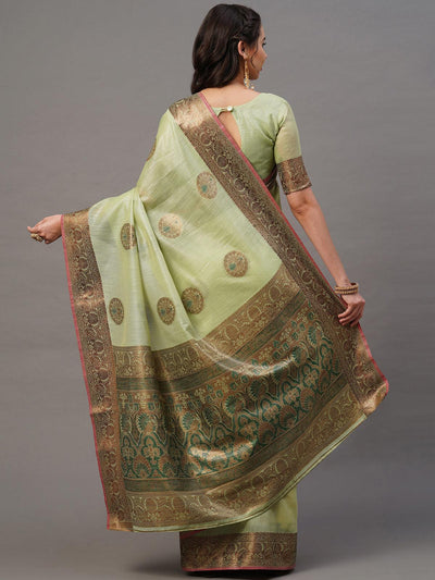 Green Festive Silk Blend Woven Design Saree With Unstitched Blouse - Odette