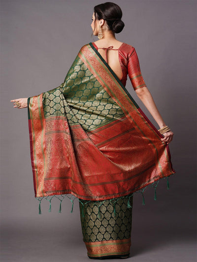 Green Festive Silk Blend Woven Design Saree With Unstitched Blouse - Odette