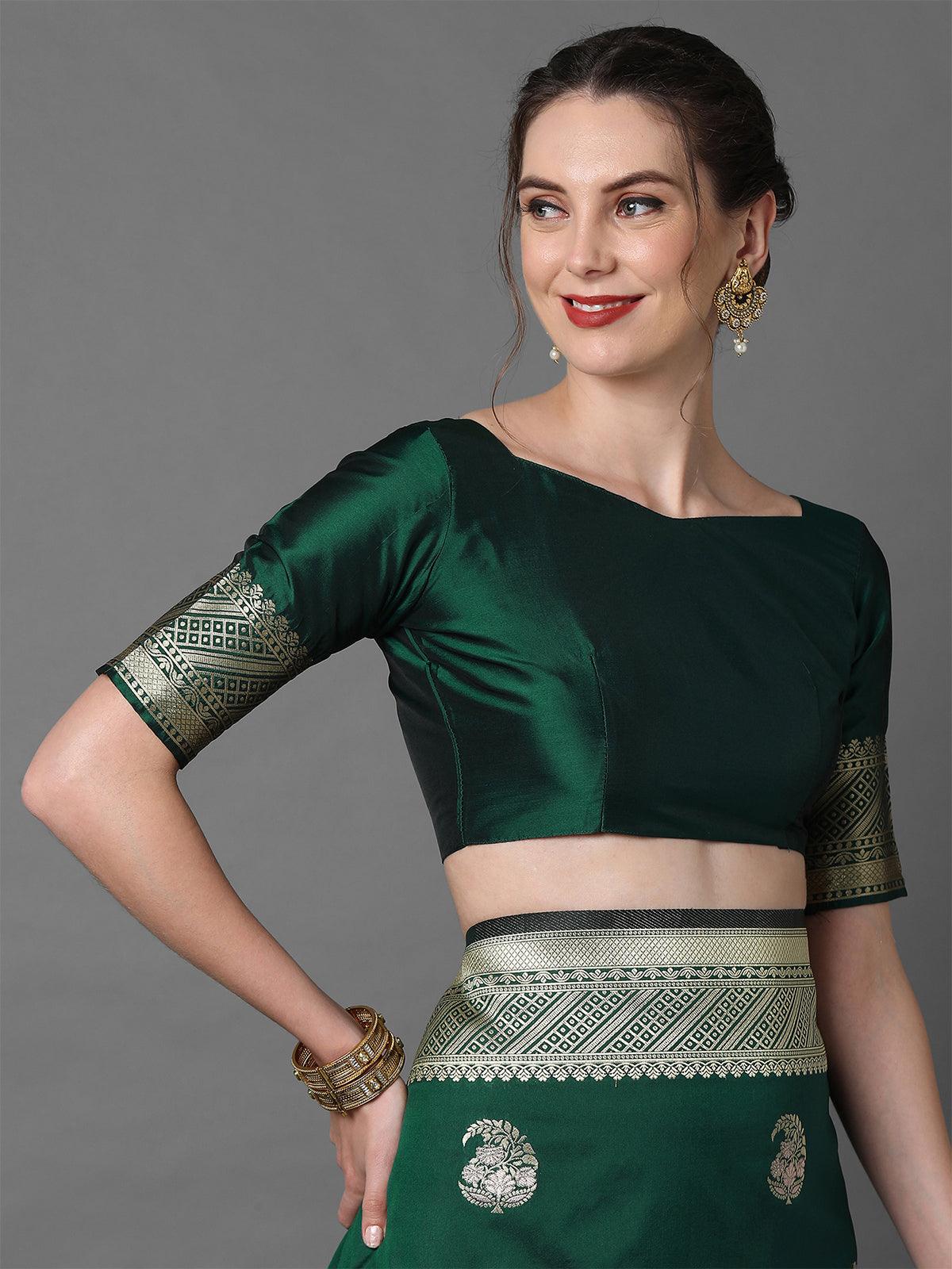 Green Festive Silk Blend Woven Design Saree With Unstitched Blouse - Odette