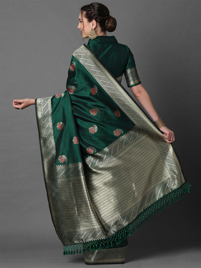 Green Festive Silk Blend Woven Design Saree With Unstitched Blouse - Odette