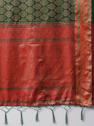 Green Festive Silk Blend Woven Design Saree With Unstitched Blouse - Odette