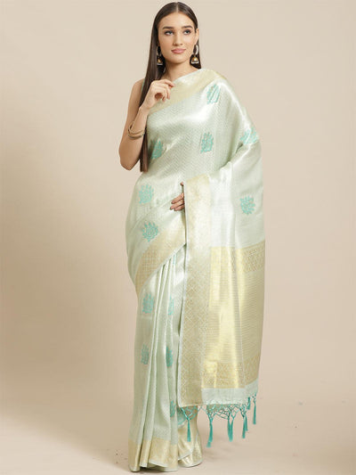 Green Festive Silk Blend Woven Saree With Unstitched Blouse - Odette