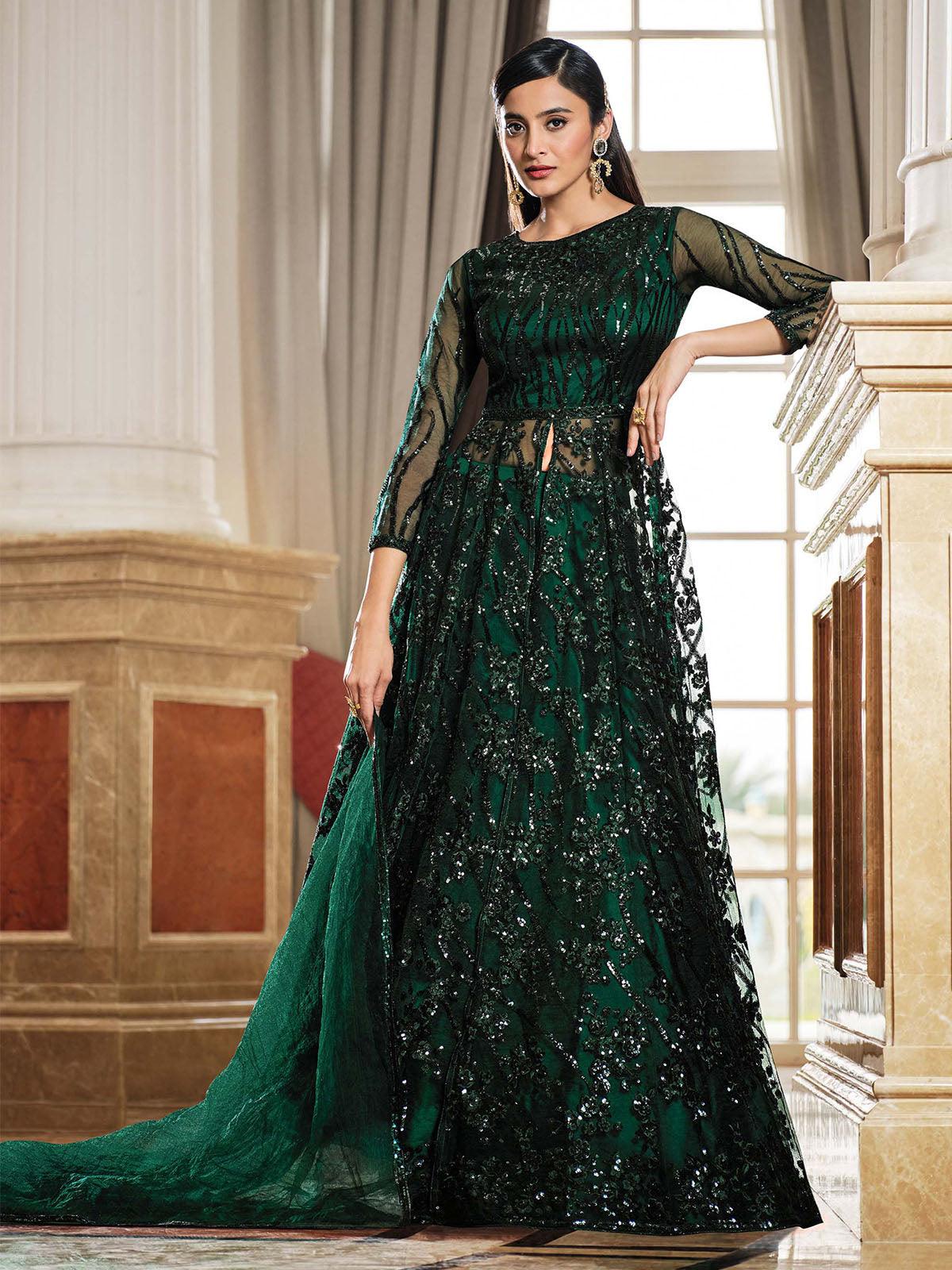 Odette Women Green Festive Women Semi Stitched Slawar Suit Sets