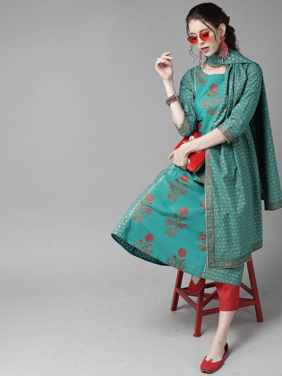 Green Floral Printed A-Line Kurta Trouser With Dupatta Set - Odette