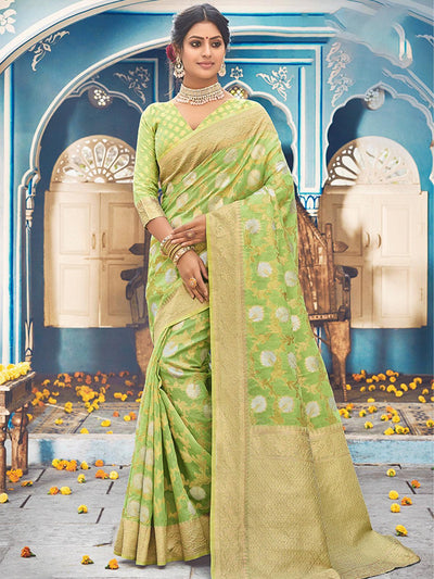 Green Linen Woven Design Saree With Blouse Piece - Odette