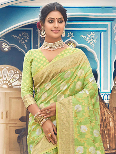 Green Linen Woven Design Saree With Blouse Piece - Odette