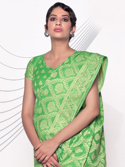 Green Lucknowi Cotton Hand Weaving Work Saree With Blouse Piece - Odette