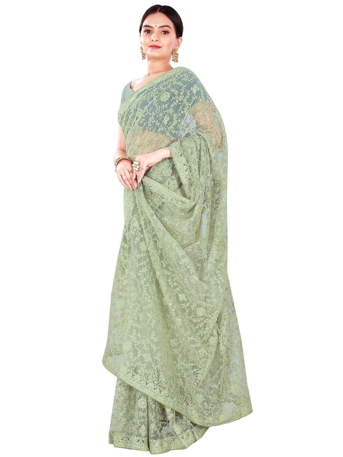 Green Net Embroidered Saree With Blouse Piece - Odette