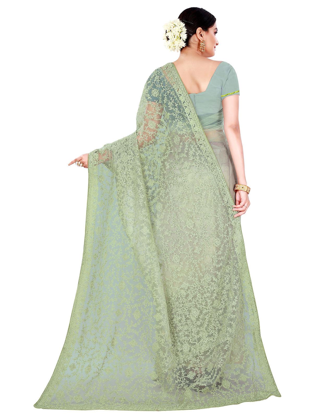 Green Net Embroidered Saree With Blouse Piece - Odette