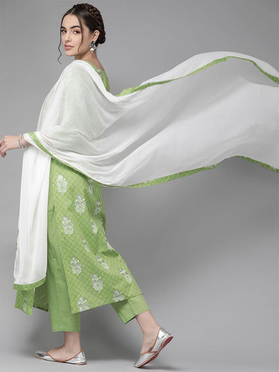 Green Printed Straight Kurta Trouser With Dupatta Set - Odette