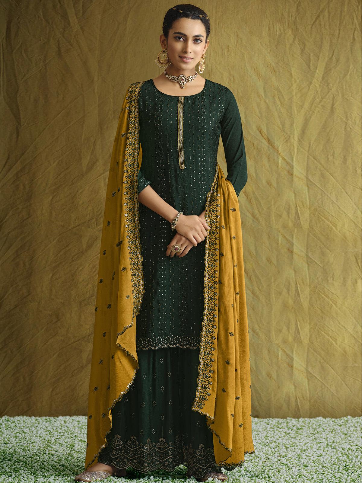 Green Pure Chinon Heavy Embroidery Straight Plazzo Style Suit - Odette