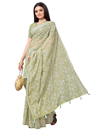 Green Pure Cotton Embroidered Saree With Blouse - Odette