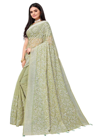 Green Pure Cotton Embroidered Saree With Blouse - Odette