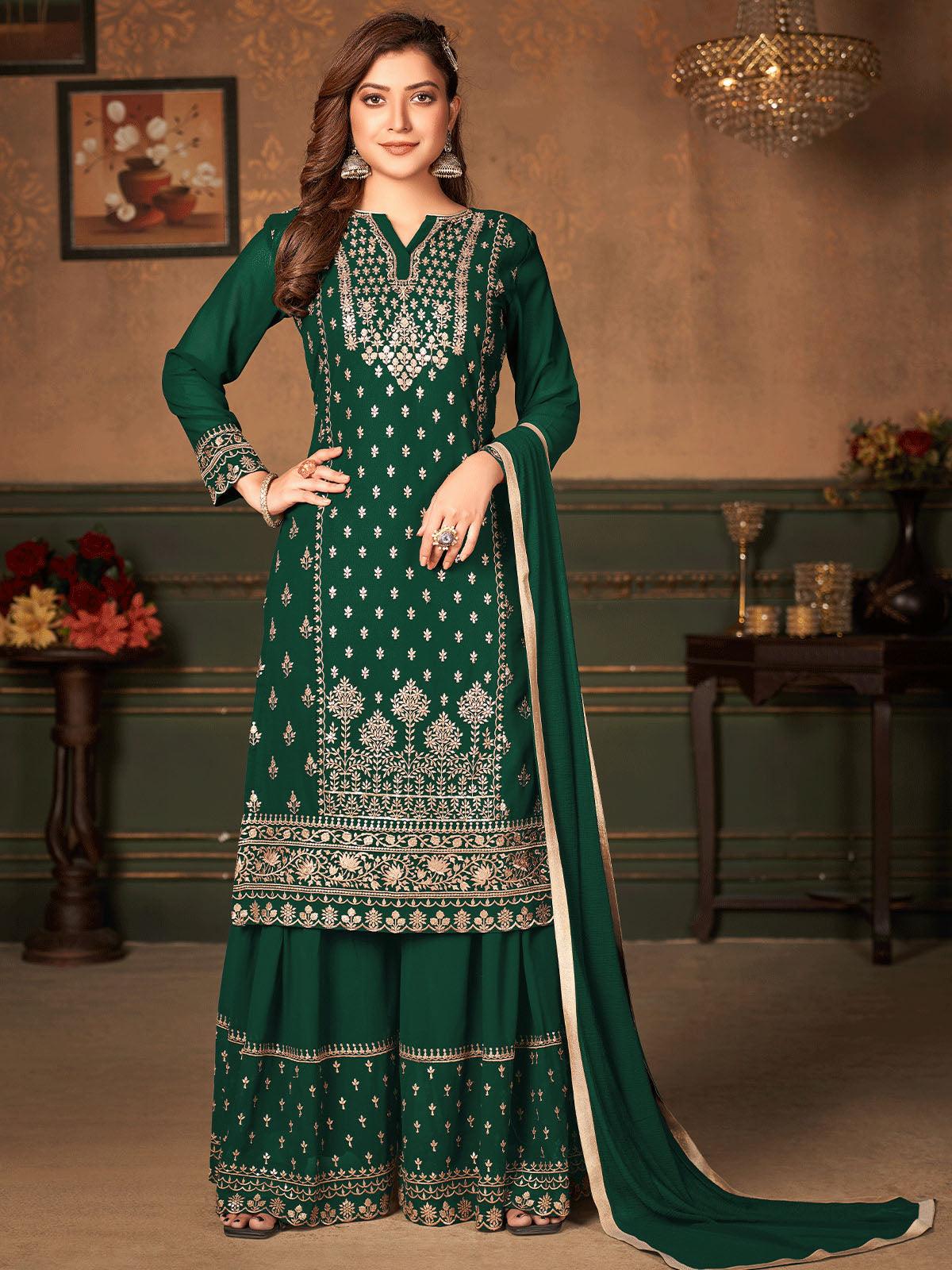 Green Semi-stitched Embroidered Faux Georgette Kurta Set With Dupatta - Odette