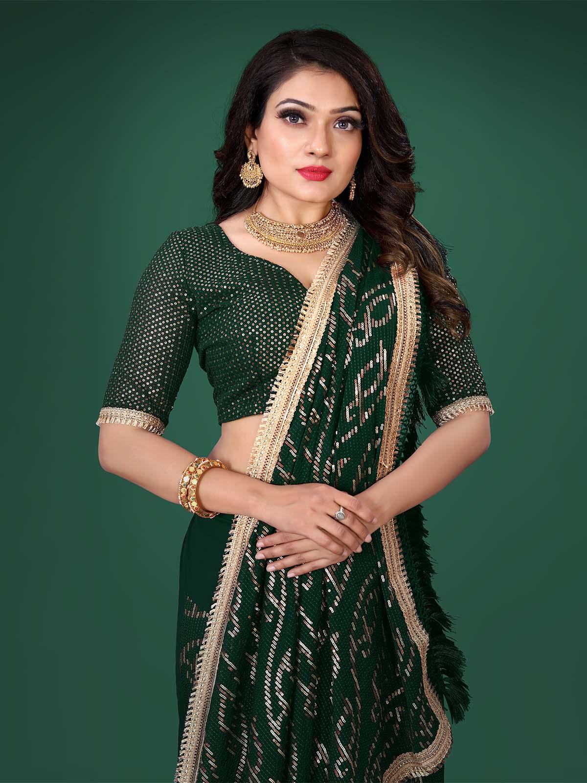 GREEN SEQUINS SASSY SAREE - Odette