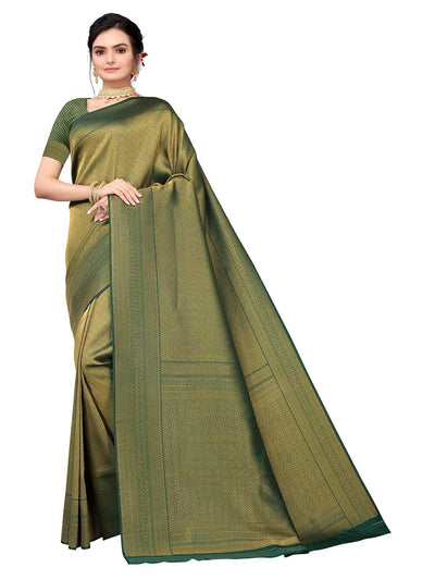 Green Silk Blend Woven Saree With Blouse - Odette