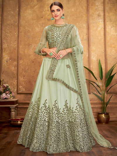 Green Silk, Net Designer Lehenga Choli. - Odette