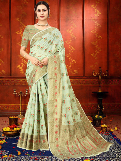 Green Soft Cotton Silk Heavy Copper Jari Meenakari Weave  Designer Saree - Odette