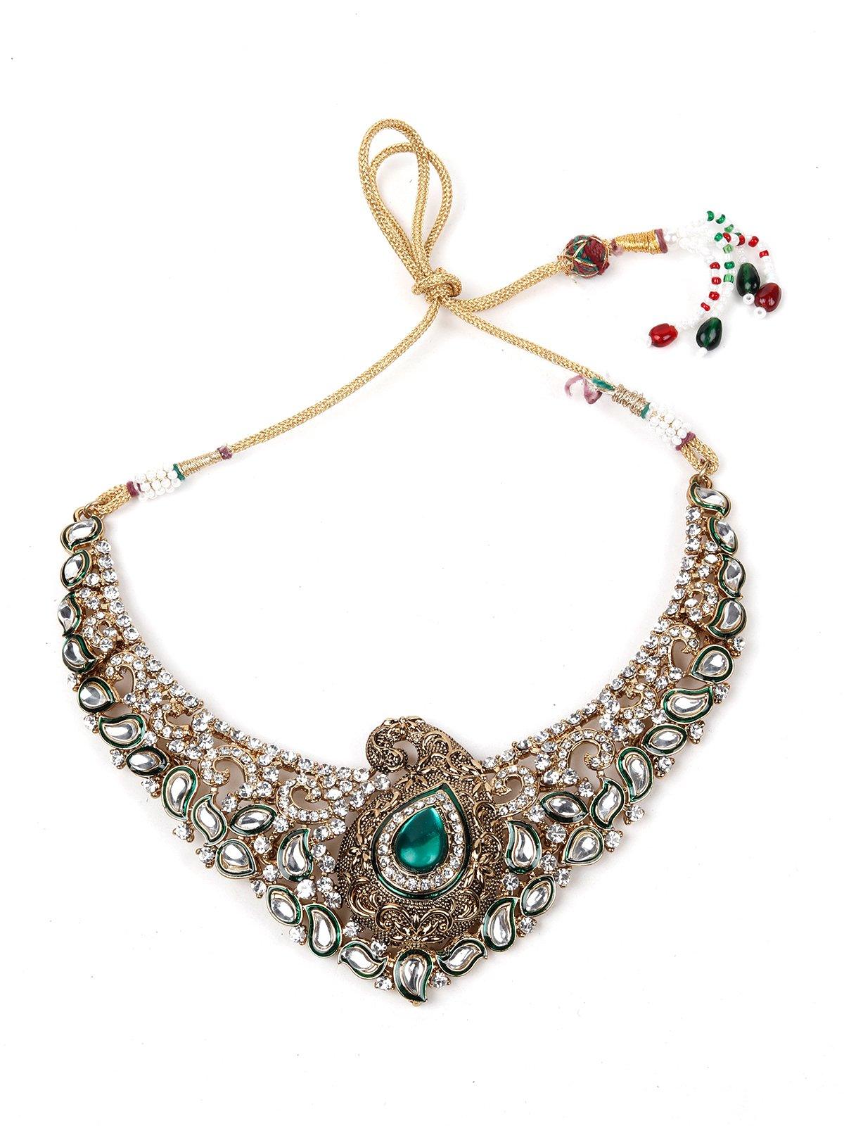 Green Stone With Kundan Necklace Set - Odette