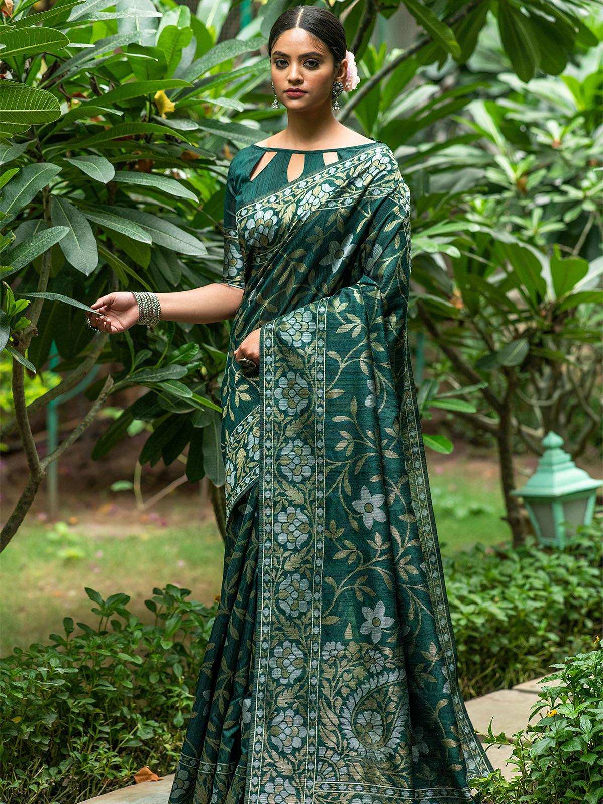 Green Tussar Silk Heavy Jamdani Saree - Odette