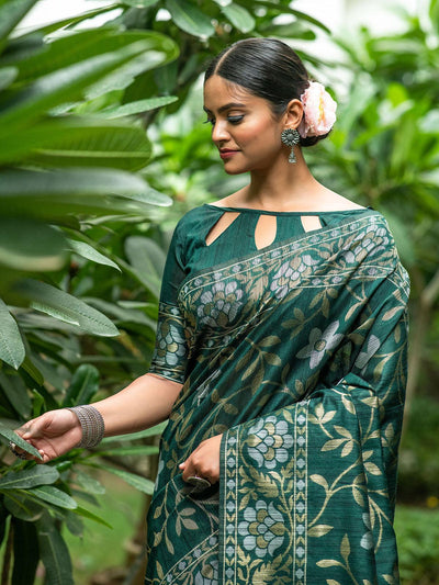 Green Tussar Silk Heavy Jamdani Saree - Odette