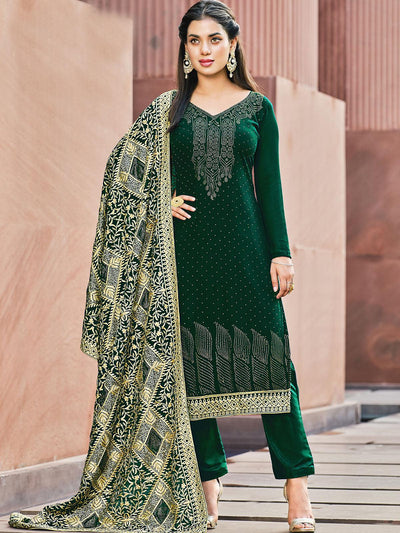 Green Unstitched Embroidered Dress Material With Dupatta - Odette