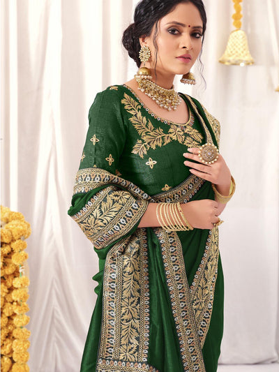 Green Vichitra Silk Solid Saree With Blouse Piece - Odette