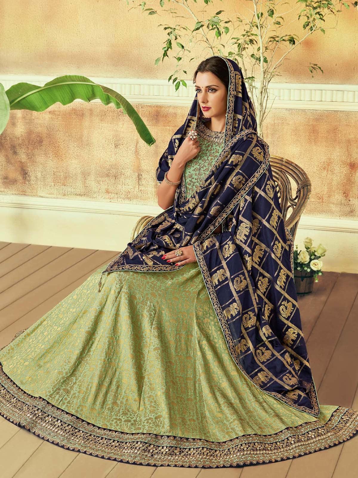 Green Weaved Silk Designer Lehenga Choli. - Odette