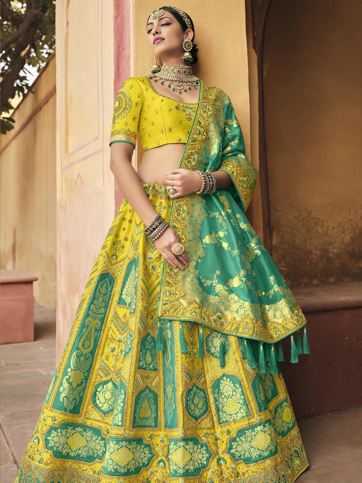 Green Weaving Silk Floral Embroidered Lehenga Choli With Dupatta - Odette