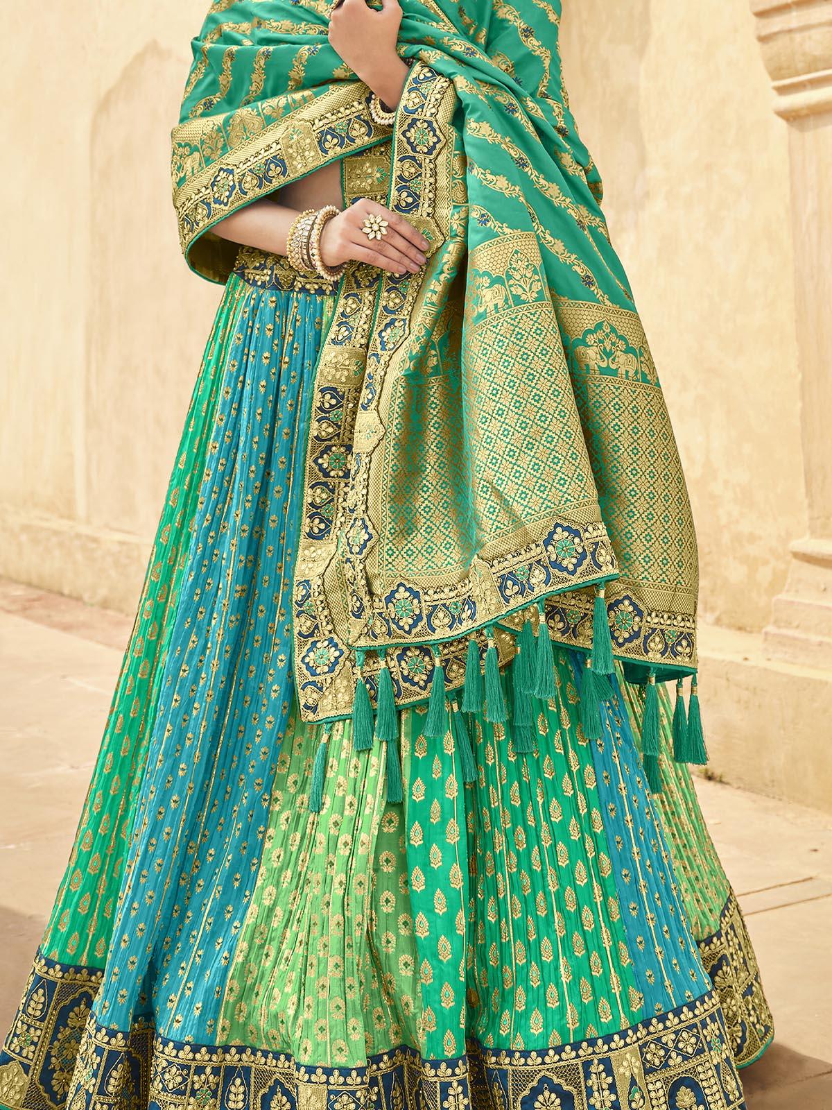 Green Weaving Silk Geometric Embroidered Lehenga Choli With Dupatta - Odette