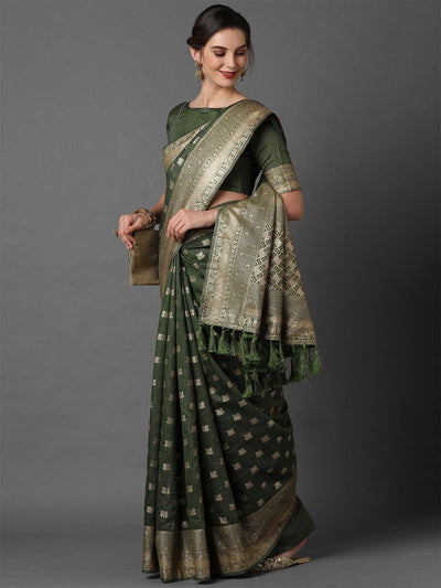 Green wedding Silk Blend Woven Design Saree With Unstitched Blouse - Odette