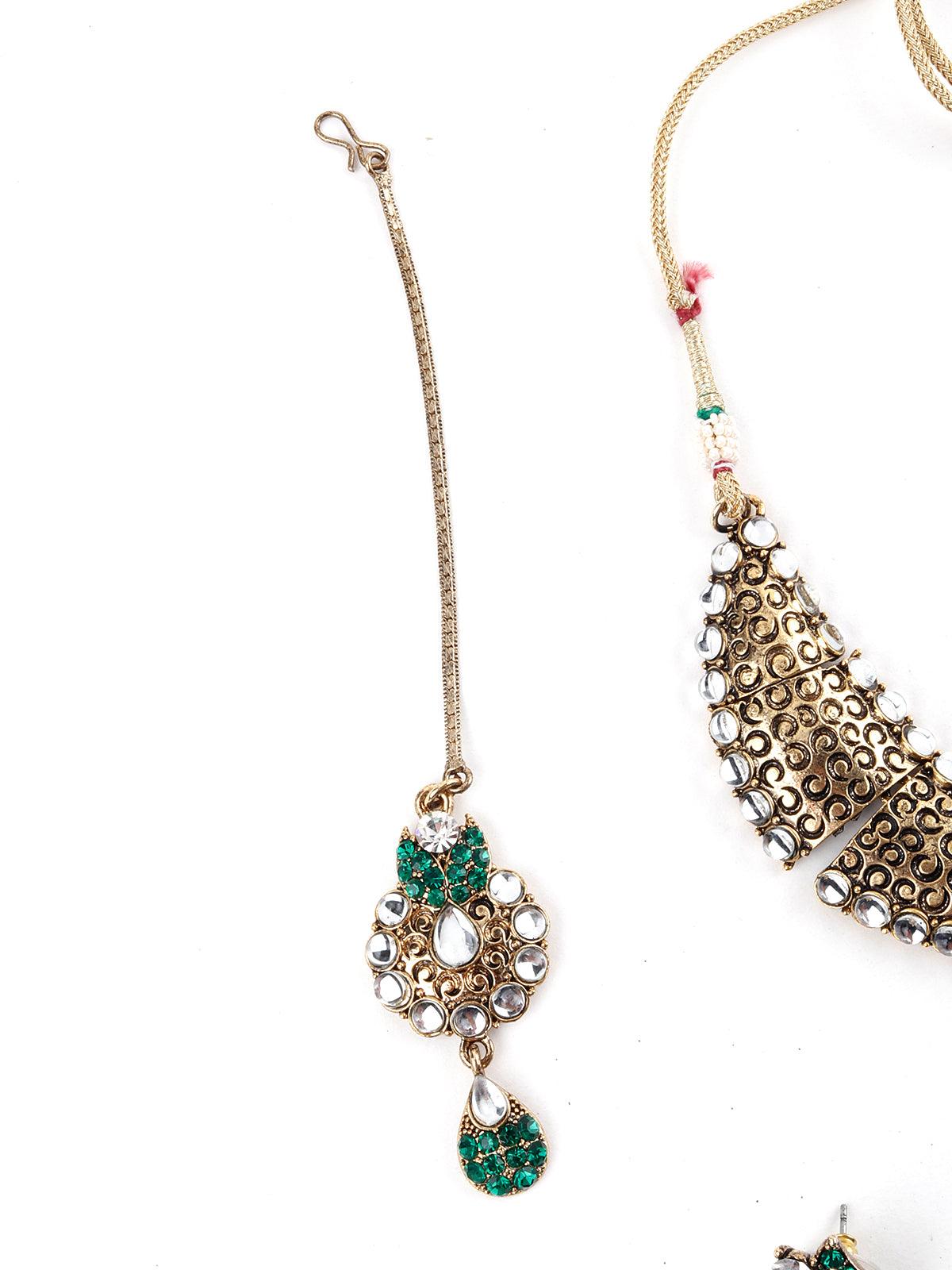 Green, White And Golden Kundan Choker Necklace Set - Odette