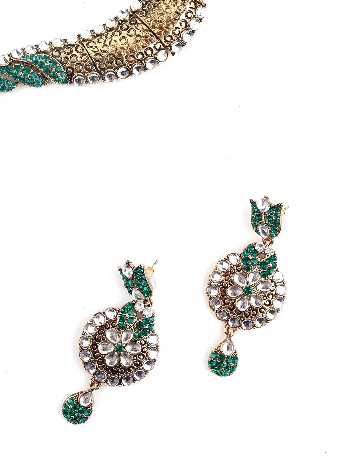 Green, White And Golden Kundan Choker Necklace Set - Odette