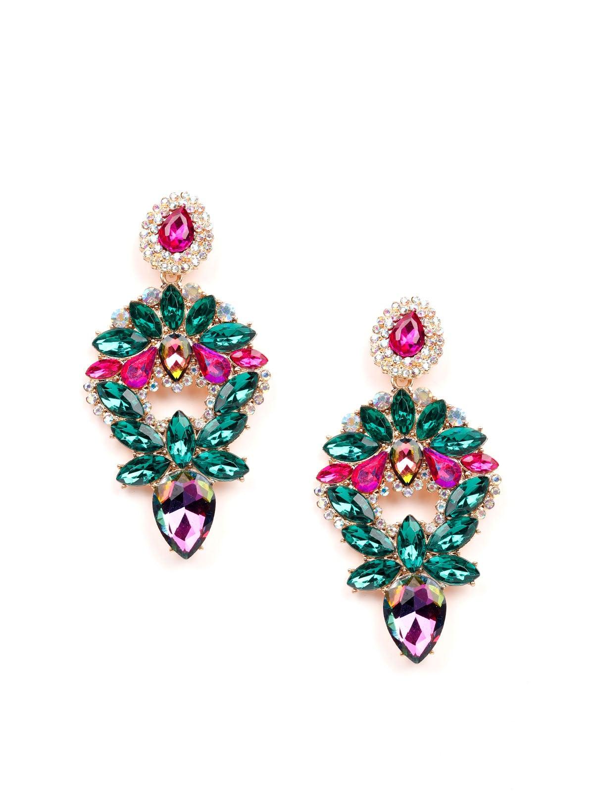 Green&pink crystal statement earrings - Odette