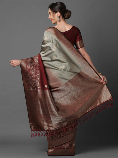 Grey & Maroon Festive Silk Blend Woven Design Saree With Unstitched Blouse - Odette